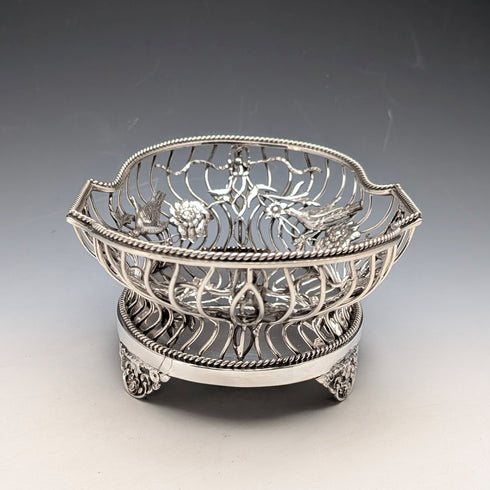 1907年 英国アンティーク 花鳥装飾 純銀製ボウルディッシュ 378g William Comyns